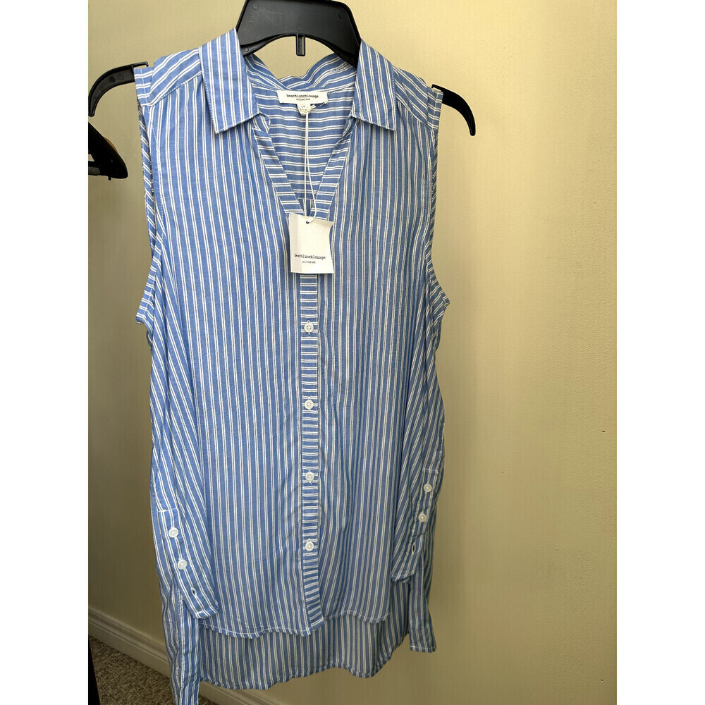 Beach Lunch Lounge Women's Sleeveless Top Side Buttons Blue/White Stripe Size XS
